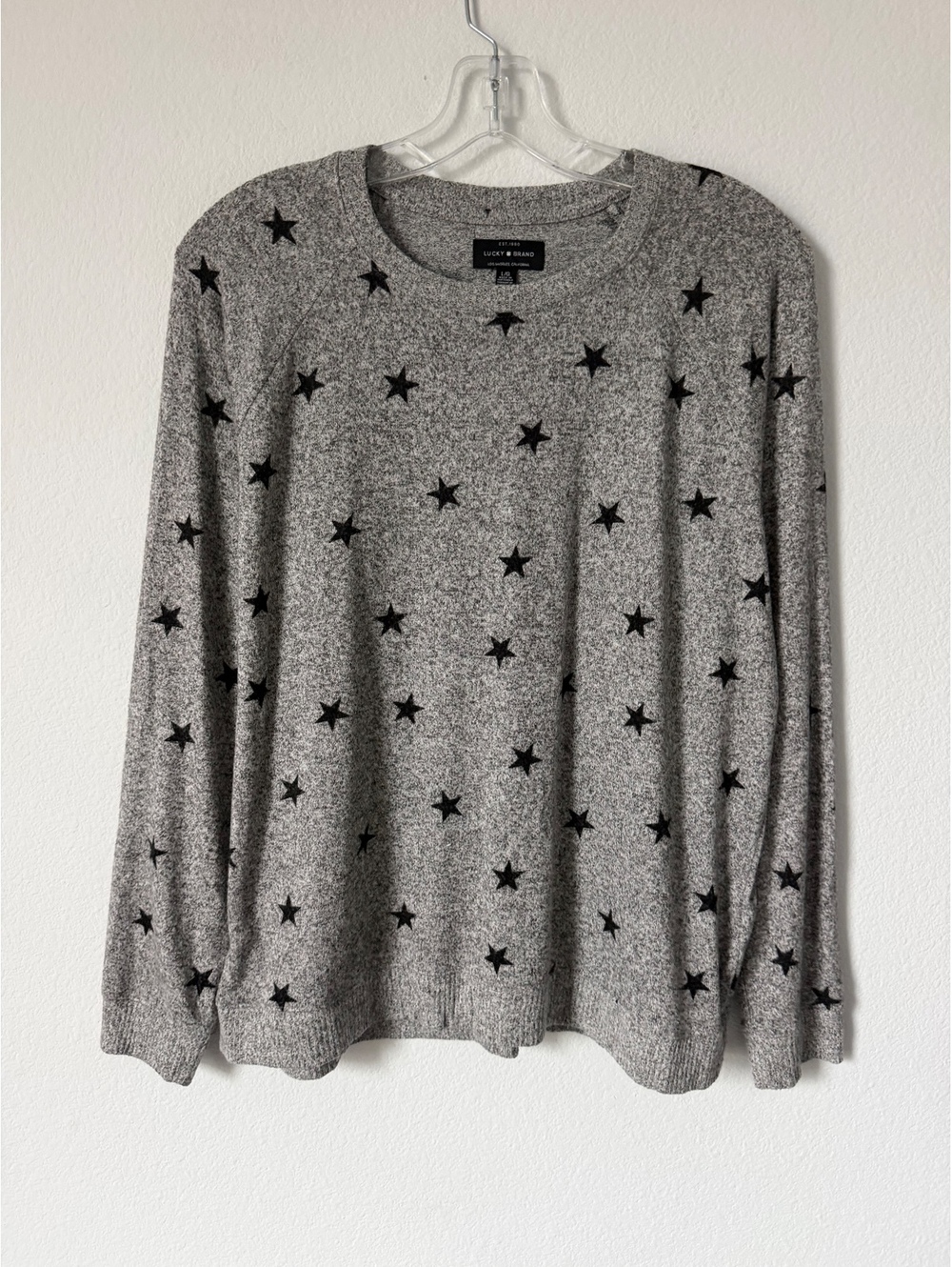 Lucky Brand Star Print Long Sleeve Crew Neck Gray Soft Sweater Women's Size L